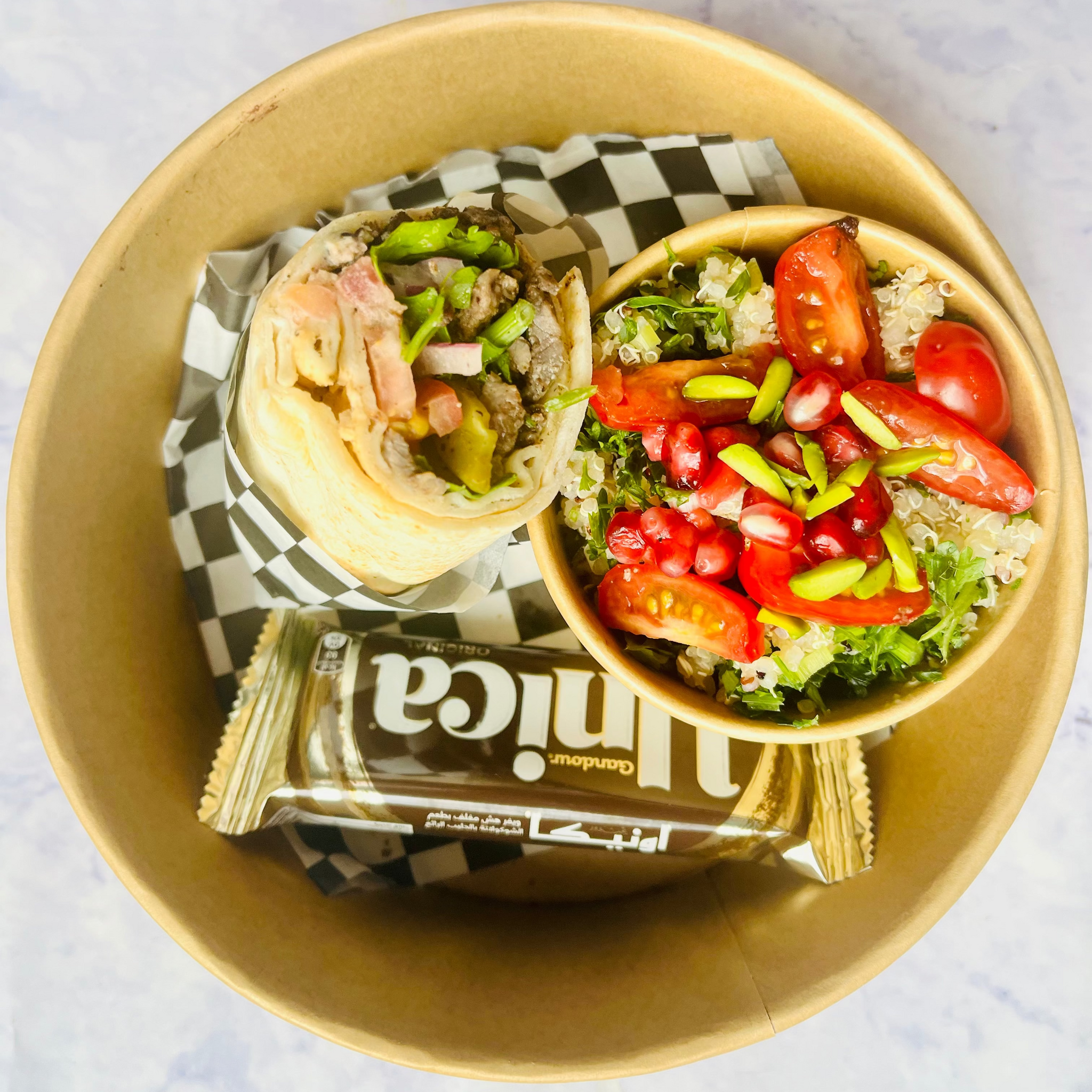 Lunch in a Box- Shawarma Wrap, Salad Cup (V) and Unica Bar