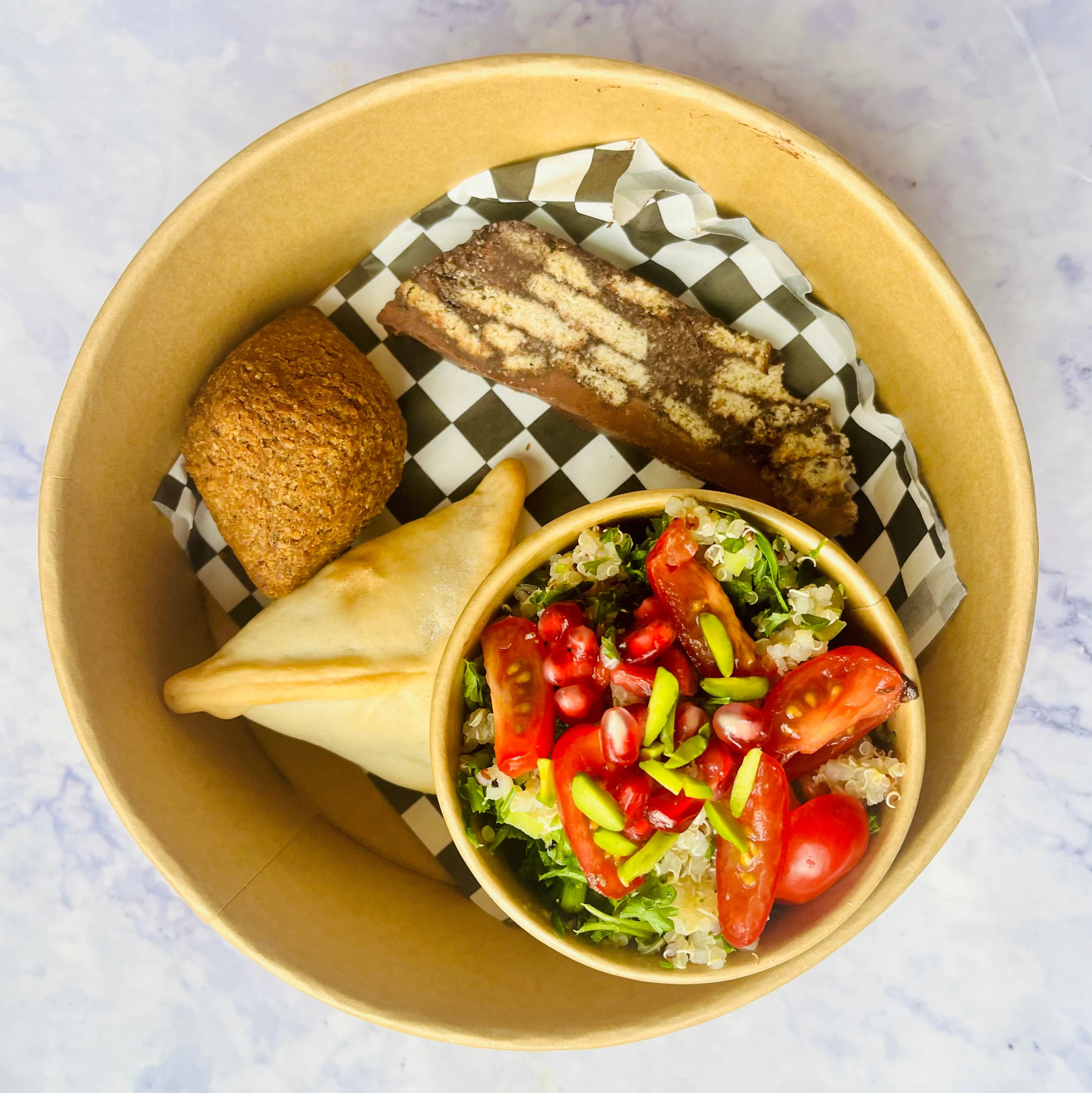 Lunch in a Box- Spinach Fatayer (V), Kibbeh, Salad Cup (V) and Lazy Cake